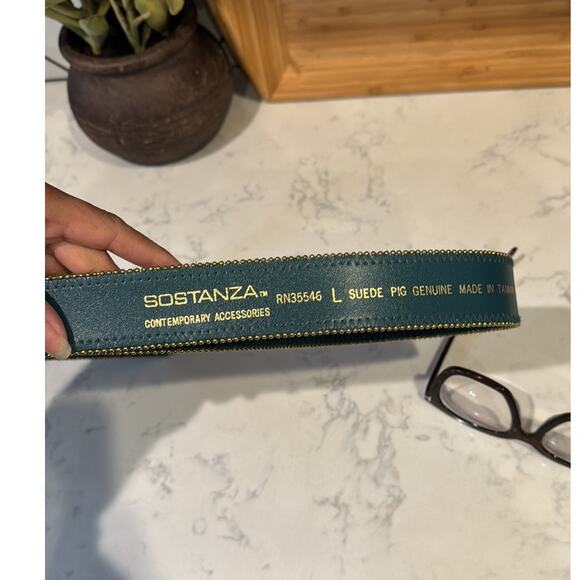 Vintage sostanza green gold mini studded trim size L 80s 90s artsy quirky suede - Picture 7 of 8